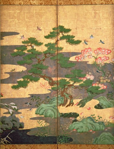 Vögel mit Herbst- und Winterblumen von Japanese School